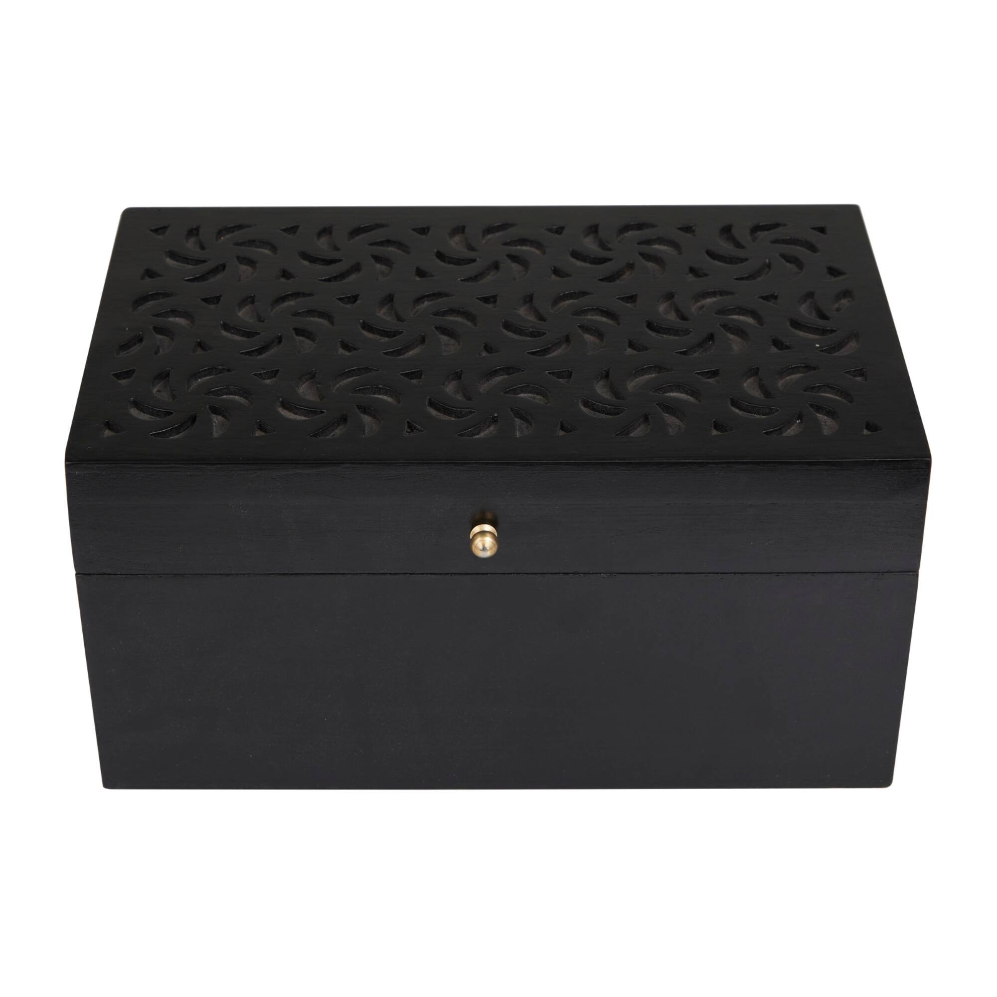 Black Wood Intricate Carved Box with Hinged Lid Set
